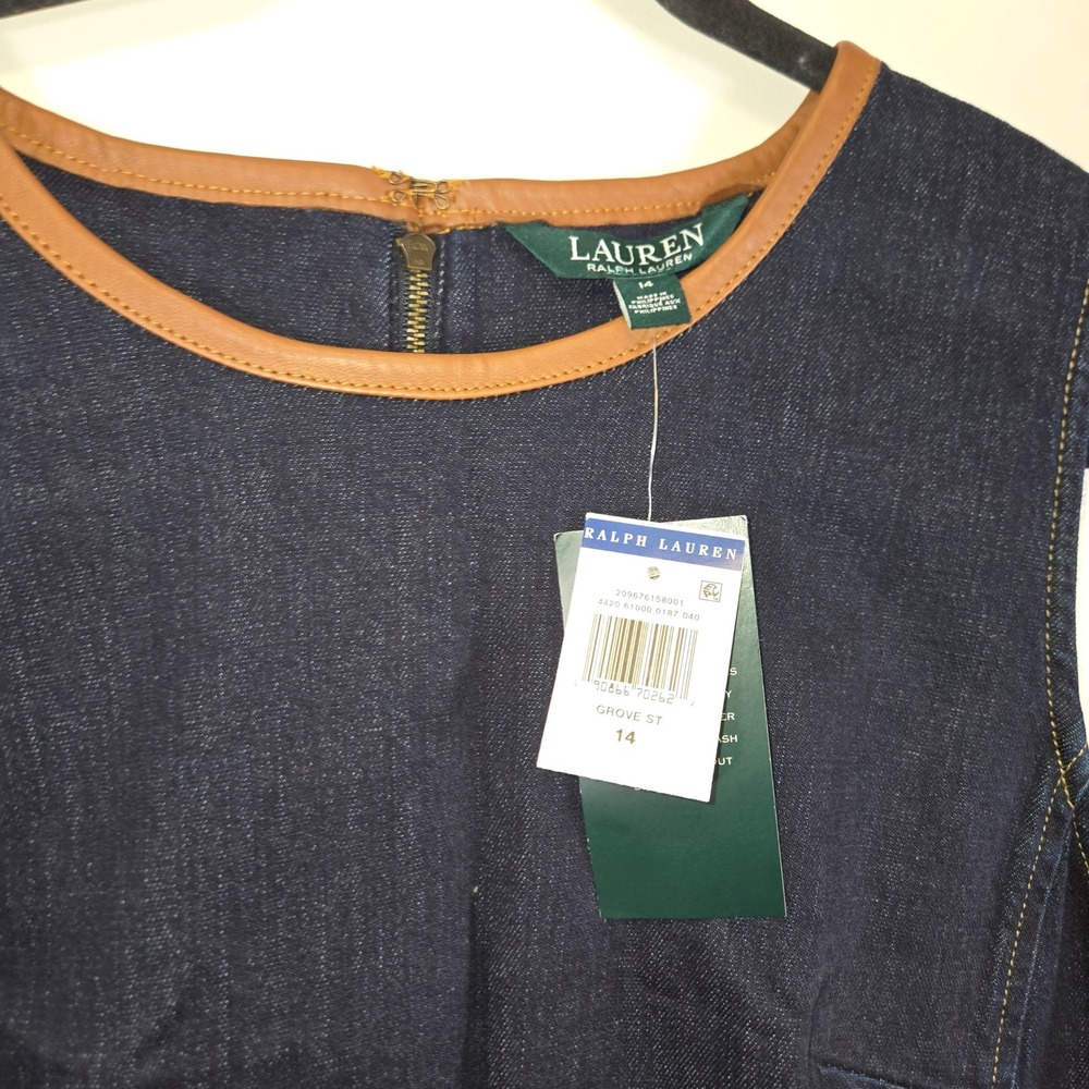 Lauren Ralph Lauren Women Indigo Denim Leather Trim Sheath Dress 14 Grove St - Picture 4 of 10